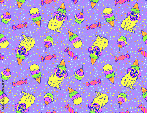 Bright seamless, multi directional tiled pattern textile print. Neon, party pug dog, confetti, sprinkles, ice cream, sweets, candy tiled background. Fun fluorescent colors.