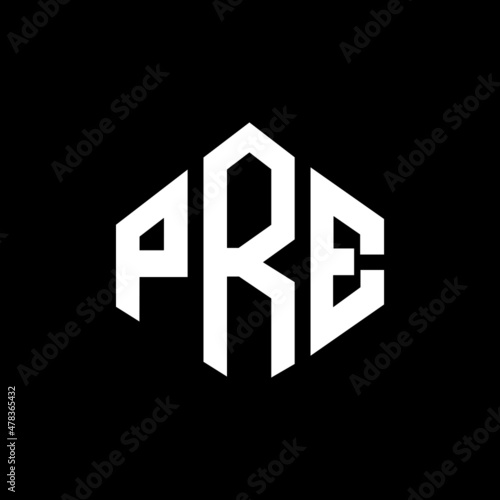 PRE letter logo design with polygon shape. PRE polygon and cube shape logo design. PRE hexagon vector logo template white and black colors. PRE monogram, business and real estate logo.