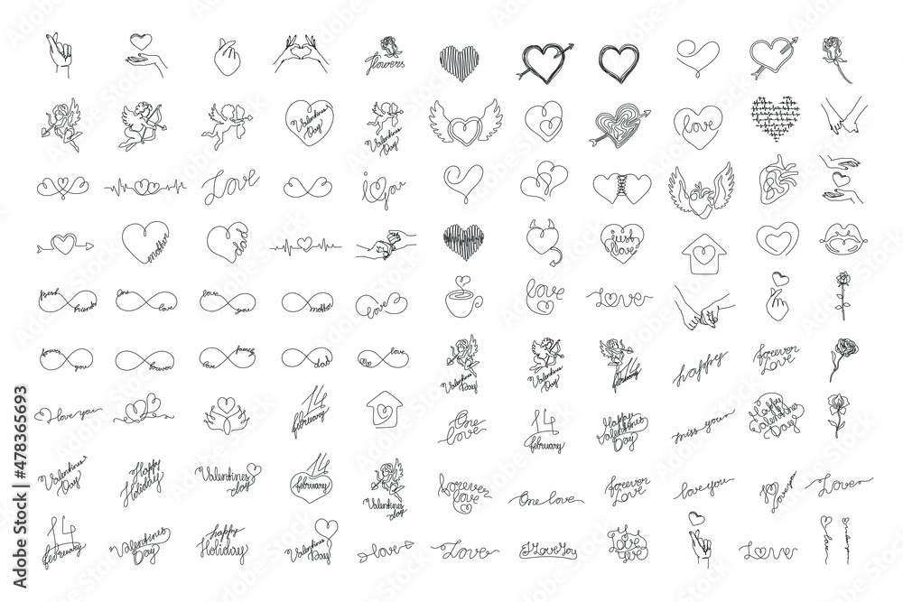 Love and Valentines lettering set. Heart continuous line drawing, small tattoo, print for clothes and logo design, one single line on a white background, isolated vector illustration.