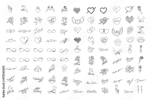 Love and Valentines lettering set. Heart continuous line drawing, small tattoo, print for clothes and logo design, one single line on a white background, isolated vector illustration. © Anastasiia