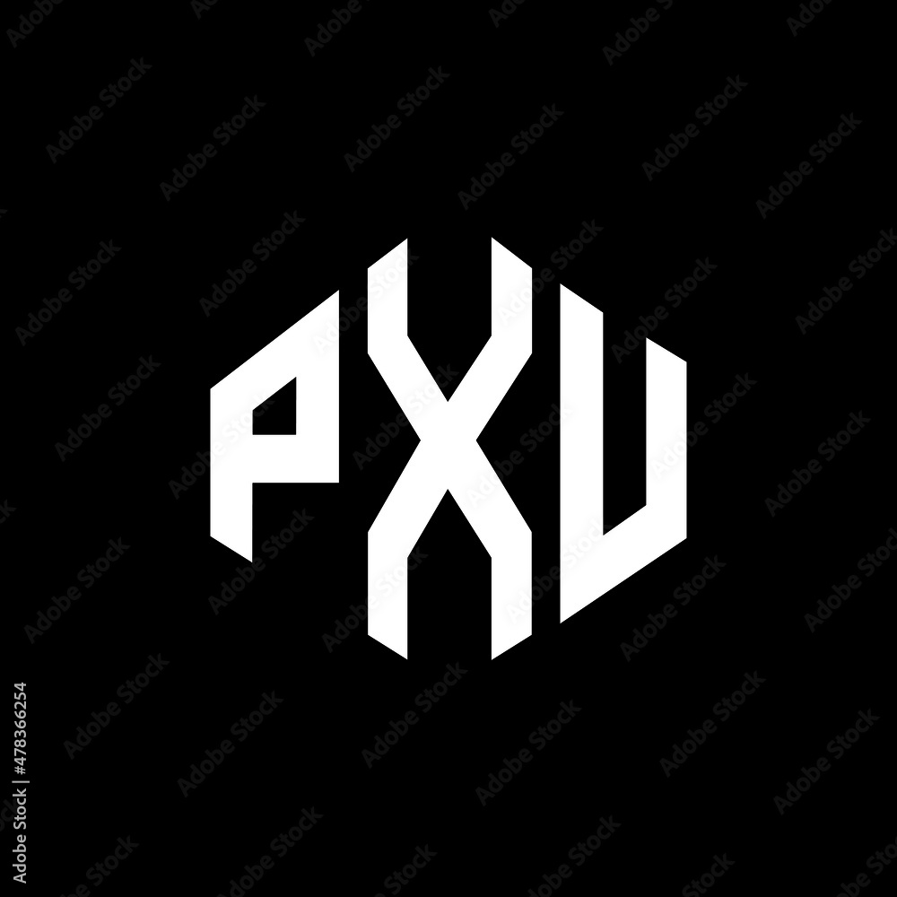PXU letter logo design with polygon shape. PXU polygon and cube shape logo design. PXU hexagon vector logo template white and black colors. PXU monogram, business and real estate logo.