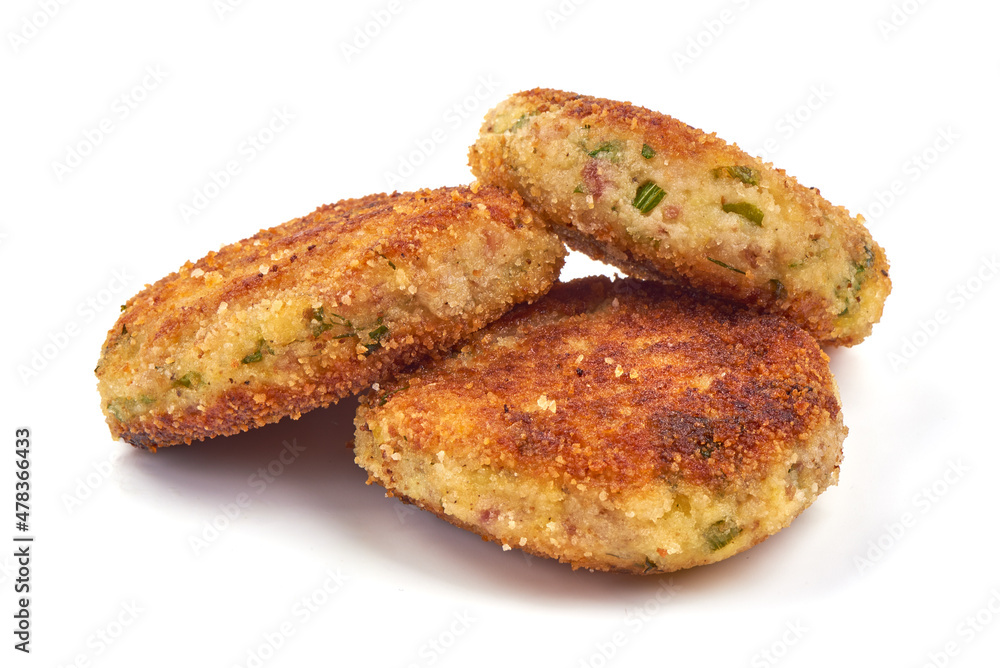 Fried cutlets in bread crumbs, Isolated on white background.