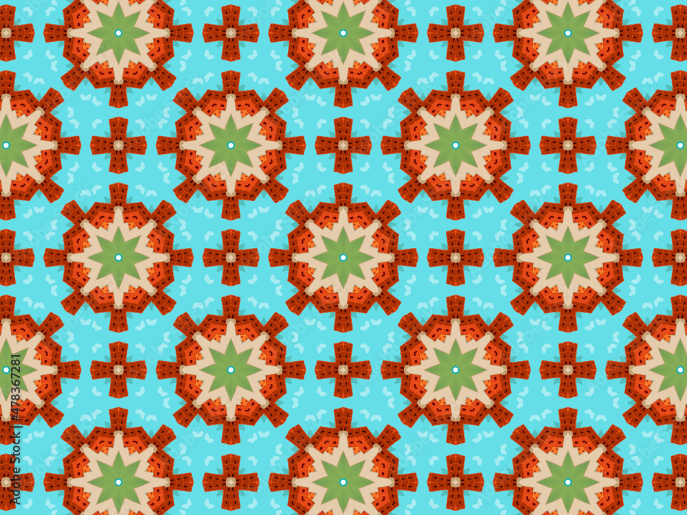 Modern sophisticated geometric pattern in soft blue, green, and terracotta colors. Kaleidoscopic print for wallpapers, wrapping paper, stationery. Repeating textile pattern with geometric flowers.