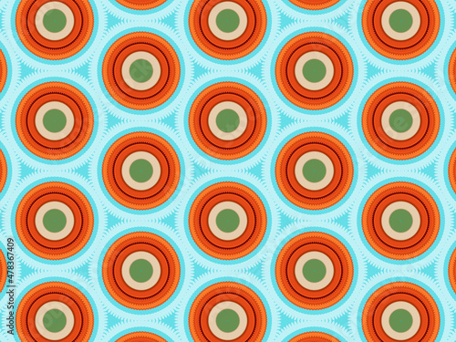 Modern sophisticated geometric pattern in soft blue, green, and terracotta colors. Kaleidoscopic print for wallpapers, wrapping paper, stationery. Repeating textile pattern with geometric flowers.