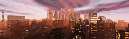 Evening city at sunset  city in the morning at sunrise  panorama of the evening city  3D rendering