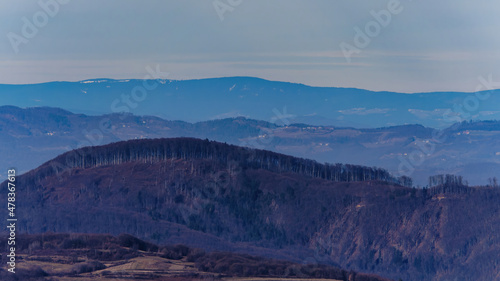 Serene view of wooded Samobor hills with blue sky in the background, Samobor, Croatia