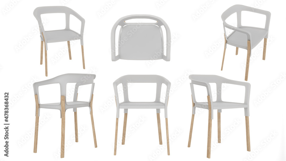 wood dining chair on white background,top view, side,3d rendering wood dining chair on white background,top view, side,3d rendering