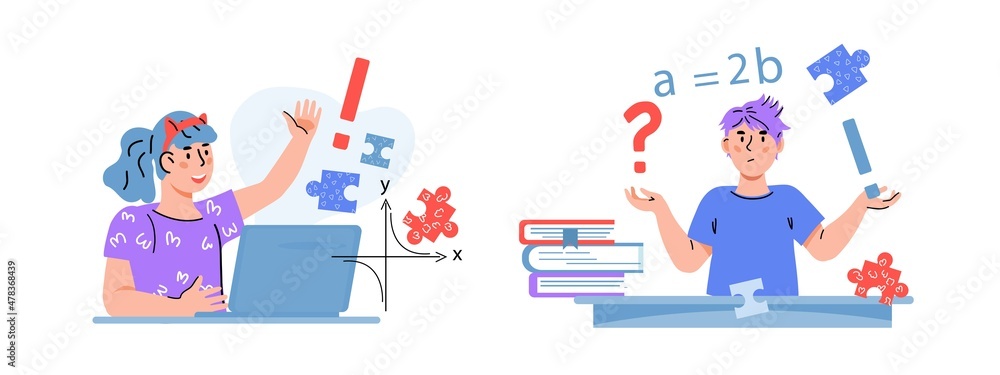 Children learning online at home or at school, cartoon flat vector illustration isolated on white background. School children asking questions and finding decisions. Children learning online at home or at school, cartoon flat vector illustration isolated on white background. School children asking questions and finding decisions.
