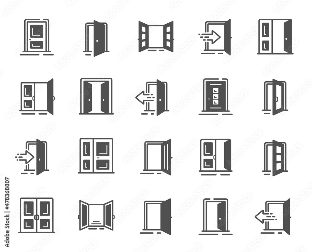 Entrance icons. Open door, Building entry, Emergency exit. Closed doorway, Doorframe, House entrance simple icons. Door knob, home entry, building access. Interior gate, double door. Vector Entrance icons. Open door, Building entry, Emergency exit. Closed doorway, Doorframe, House entrance simple icons. Door knob, home entry, building access. Interior gate, double door. Vector