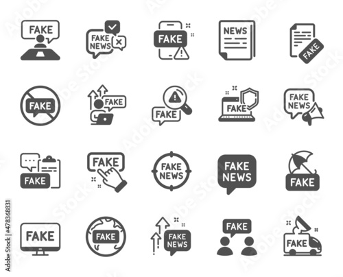 Fake news icons. Social media propaganda, Newspaper, Conspiracy of truth. Wrong facts, Fake information, False loudspeaker simple icons. Misleading news, People lies and propaganda truck. Vector