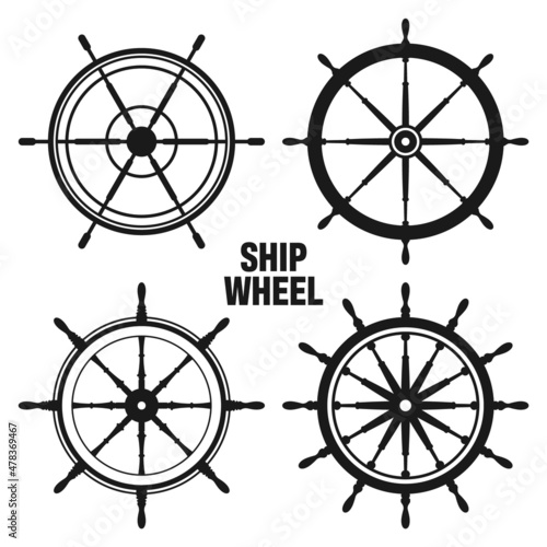 Collection of vintage steering wheels. Ship, yacht retro wheel symbol. Nautical rudder icon. Marine design element. Vector illustration