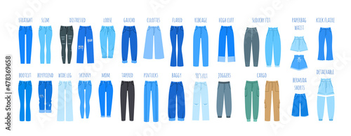 Women jeans styles collection. Denim fashion, types of female pants. Casual models of cotton trousers and shorts for modern girl. Flat vector illustrated icons. Clothing guide infographics