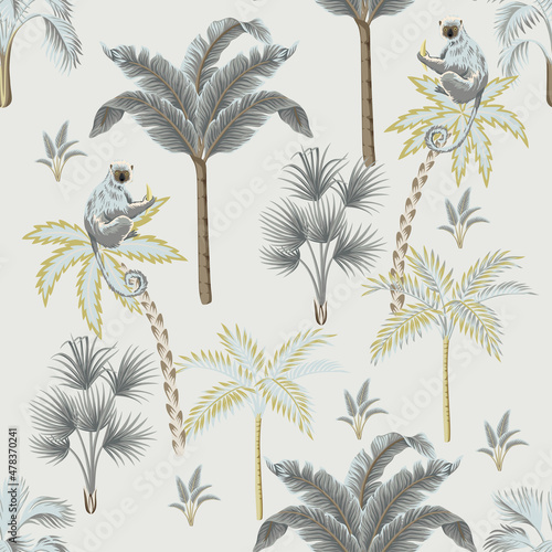 Tropical vintage animal, palm trees floral seamless pattern grey background. Exotic jungle wallpaper.