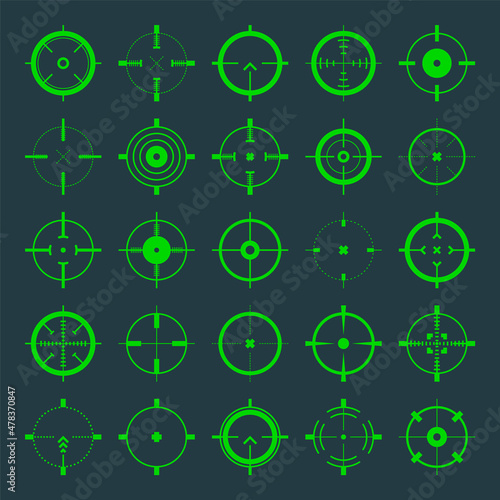 Crosshair, gun sight vector icons. Bullseye, green target or aim symbol. Military rifle scope, shooting mark sign. Targeting, aiming for a shot. Archery, hunting and sports shooting. Game UI element.