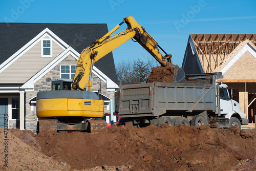 Fototapete excavator digs a foundation pit for a new house