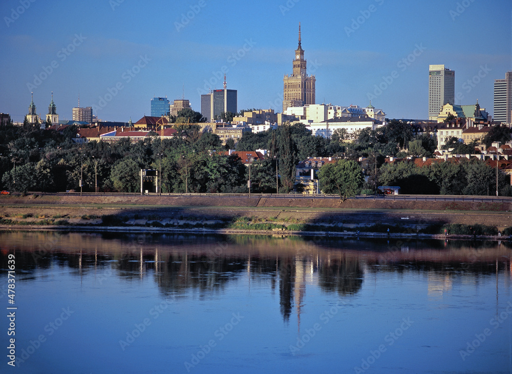 view of the Vistula River and Palace of Culture and Science (PKiN - Palac Kultury i Nauki, Warszawa) and downtown, Warsaw, Poland