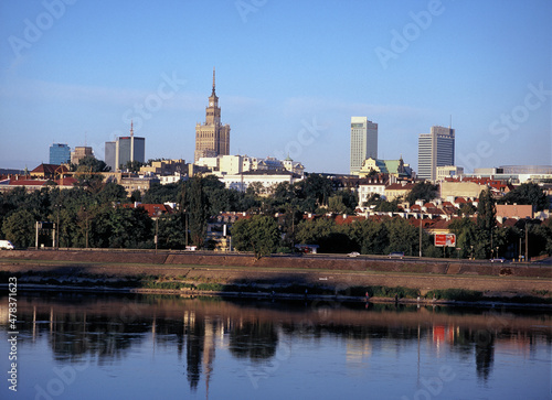 view of the Vistula River and Palace of Culture and Science  PKiN - Palac Kultury i Nauki  Warszawa  and downtown  Warsaw  Poland