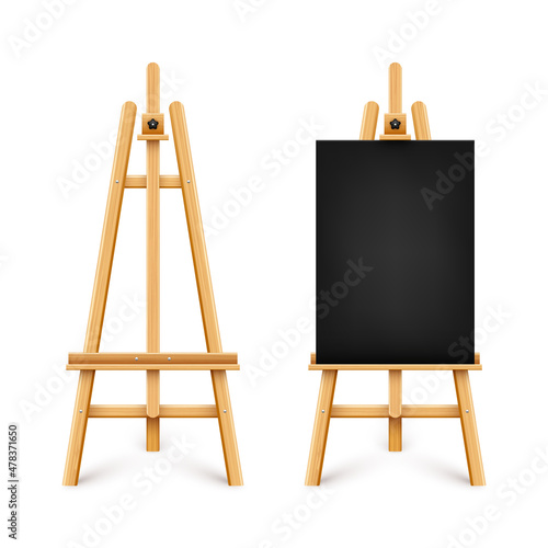 Realistic paint desk with blank black canvas. Wooden easel and a sheet of drawing paper. Presentation board on a tripod. Artwork mockup, template. Vector illustration