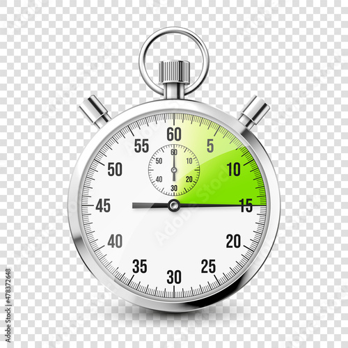 Realistic classic stopwatch icon. Shiny metal chronometer, time counter with dial. Green countdown timer showing minutes and seconds. Time measurement for sport, start and finish. Vector illustration