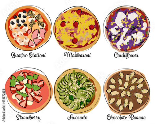 Drawing Pizza Toppings Part 05 / Zeichnungen Pizza Beläge Teil 05: Quattro Stationi, Makkaroni, Cauliflower, Strawberry, Avocado, Chocolate 