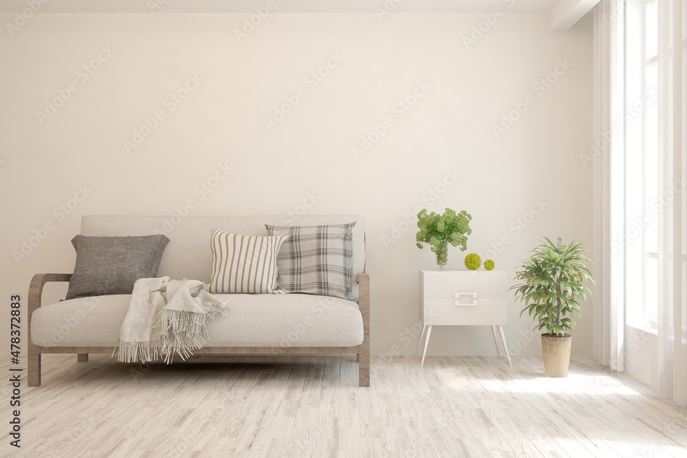 Fototapeta premium White living room with sofa. Scandinavian interior design. 3D illustration