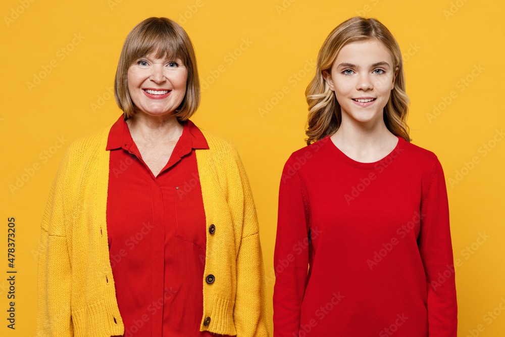 Happy fun smiling caucasian woman in red shirt have fun with teenager girl 12-13 years old. Grandmother granddaughter look camera isolated on plain yellow background studio. Family lifestyle concept. Happy fun smiling caucasian woman in red shirt have fun with teenager girl 12-13 years old. Grandmother granddaughter look camera isolated on plain yellow background studio. Family lifestyle concept.