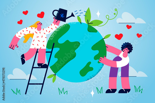 Happy volunteers take care of planet earth 