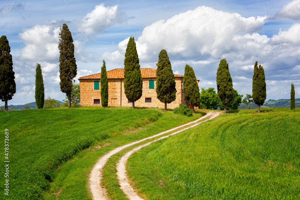 Beautiful rural landscape with the stone house, cypresses and a twisting path, Tuscany, Italy