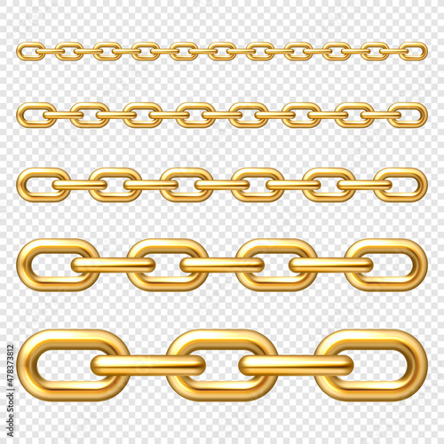 Realistic gold plated metal chain with golden links on checkered background. Vector illustration.
