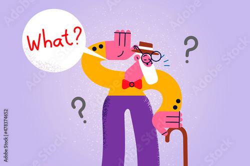 Old man with cane suffer from hearing problems 