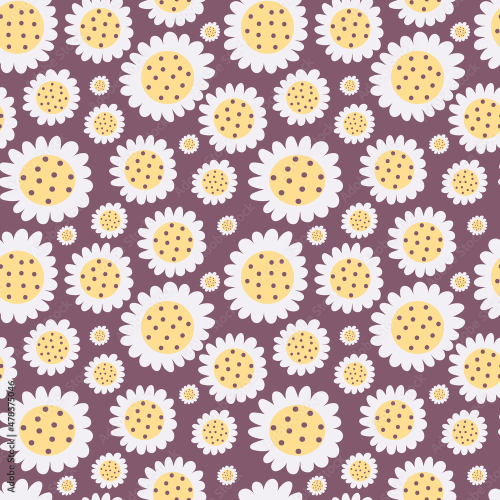 Floral pattern with white daisy flowers on dark purple background. Seamless Ditsy print.