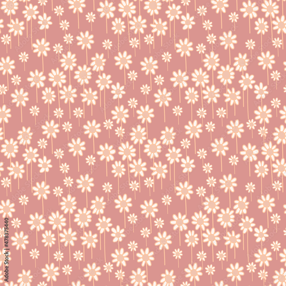 Floral pattern with white daisy flowers on pale red background. Seamless Ditsy print. Floral pattern with white daisy flowers on pale red background. Seamless Ditsy print.