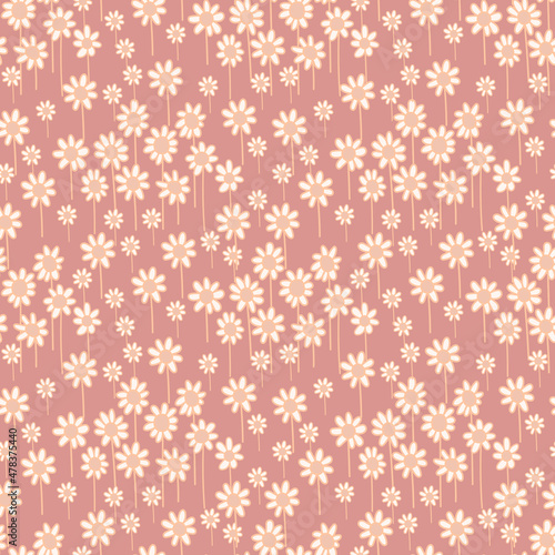 Floral pattern with white daisy flowers on pale red background. Seamless Ditsy print.