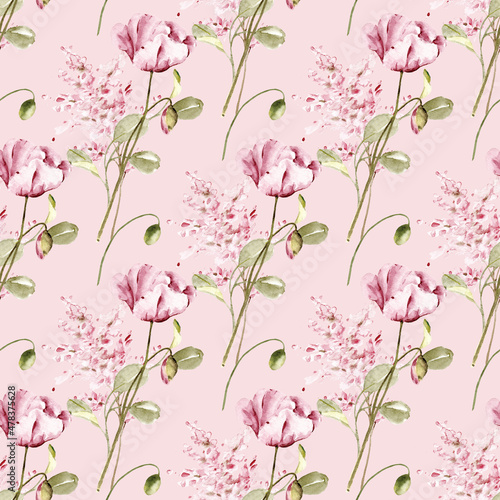 Seamless pattern with watercolor flowers, repeat floral texture, background hand drawing. Perfectly for wrapping paper, wallpaper, fabric, texture and other printing.