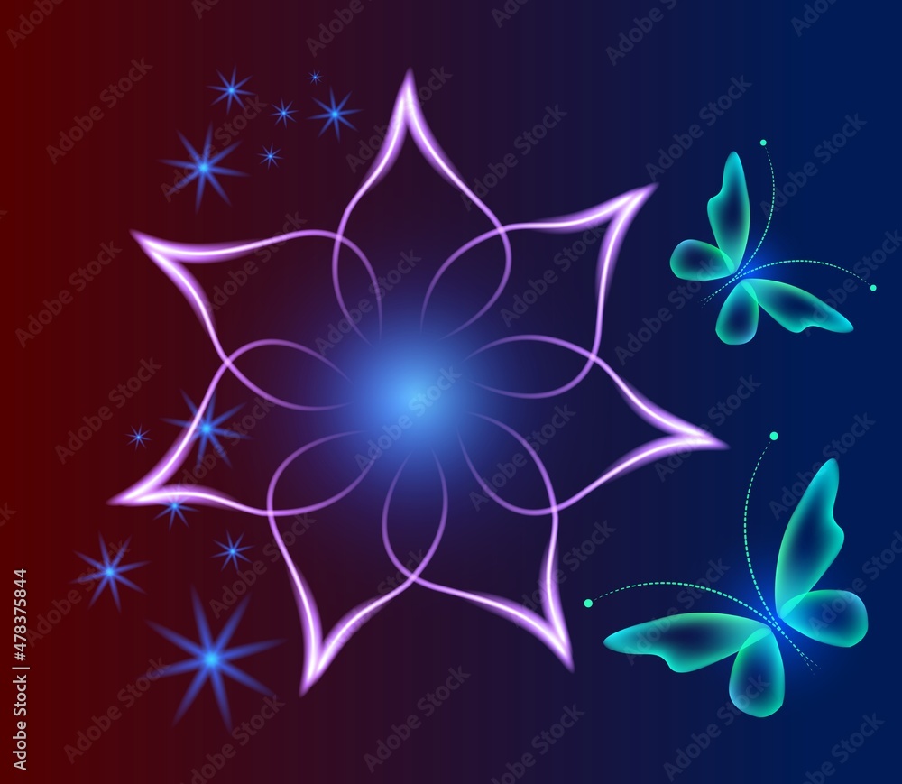 Glowing image with magic butterflies. Transparent reflective background for graphic design. Neon blue pictures. Glowing image with magic butterflies. Transparent reflective background for graphic design. Neon blue pictures.