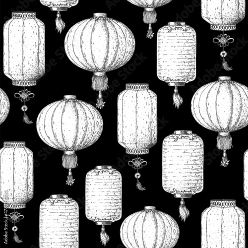 Chinese lanterns seamless pattern. Hand drawn sketch. Vector illustration. Seamless background. Asian new year red lanterns. Design template. Vintage illustration.