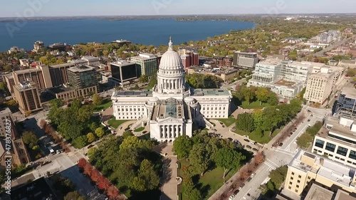 Dowtown Madison Wisconsin - State Capitol Building - Summer (Drone - Pull Back & Tild Up) photo