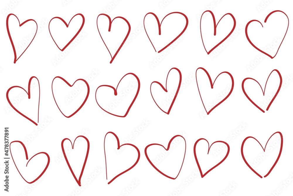 Collection set of hand drawn red doodle scribble hearts isolated on white background Collection set of hand drawn red doodle scribble hearts isolated on white background