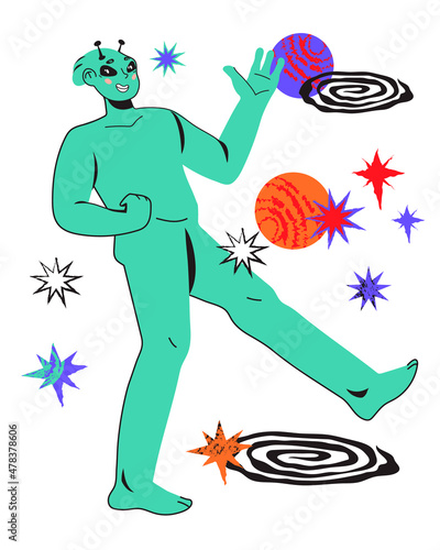 Alien character walking among stars, cartoon flat vector illustration isolated on white background. Space fantasy alien visitor from another planet or galactic.