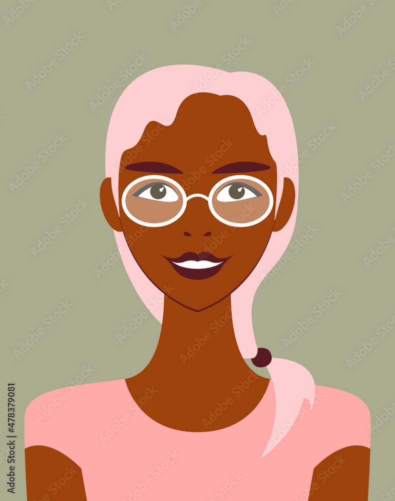 Vector graphics - a pretty smiling young woman with dark skin and blonde hair gathered in a ponytail in fashionable glasses with white frames. Concept avatar Vector graphics - a pretty smiling young woman with dark skin and blonde hair gathered in a ponytail in fashionable glasses with white frames. Concept avatar