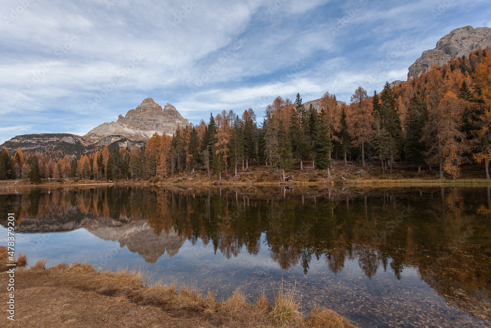 Reflection of autumnal larches on Lake Antorno, with the Tre Cime di Lavaredo in the background, Dolomites, Italy