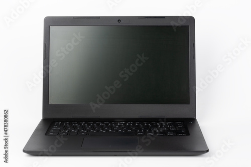 Modern, new office  black  laptop  on white background, front view photo