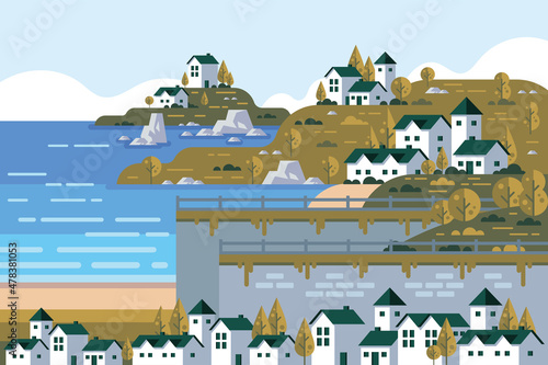 modern beautiful vector landscapes design with illustration home, tree, river