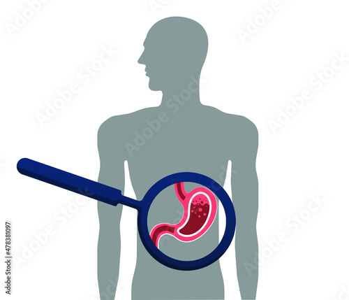 human silhouette and stomach icon. Medical research items, clinical science laboratories experiments. Stomach, gastroscopy test concept vector illustration.