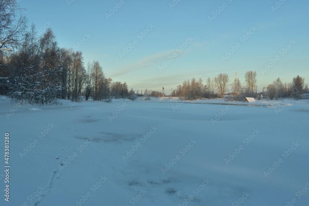 View of the winter river Vyg in severe frost. View of the winter river Vyg in severe frost.