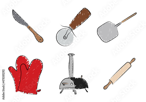 Pizza Equipment: Knife, Cutter, Shovel, Gloves, Oven, Rolling Pin / Pizza Zubehör: Messer, Schneider, Schaufel, Ofenhandschuhe, Pizzaofen, Nudelholz