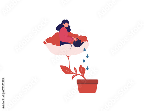 A happy woman sits in the flower and waters it. Smiling girl cares about herself and her future. Concept of love yourself and a healthy lifestyle. Vector illustration.