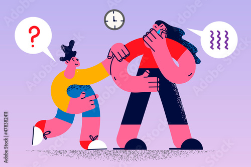 Caring small son comfort support unhappy crying mom 