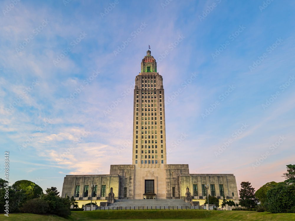 Sunset exterior view of the Louisiana State Capitol