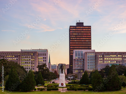 Sunset exterior view of the statue of Louisiana State Capitol